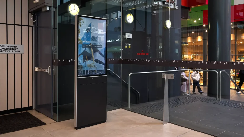 Freestanding Digital Tenant Directory Model 55.FP in the spacious lobby of 222 Lonsdale Street Melbourne.